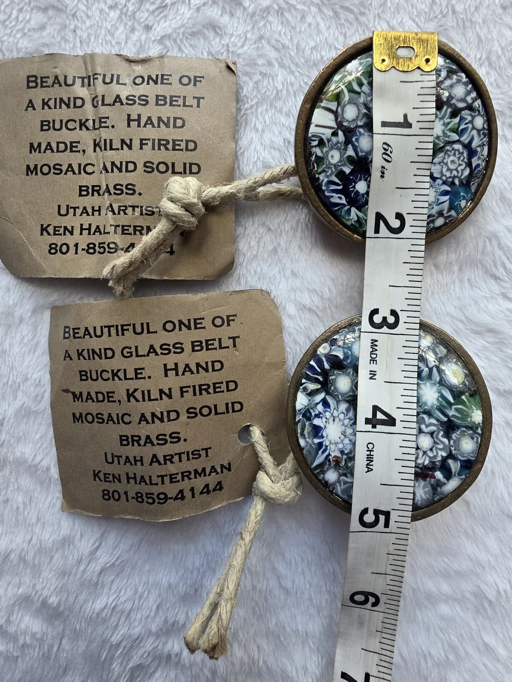 Ken Halterman Handmade Glass Mosaic Solid Brass Belt Buckles Set of 2